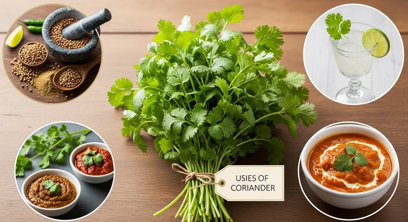 Coriander with recipes and drinks