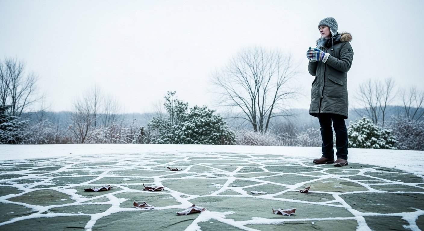 Person standing in snowy landscape.