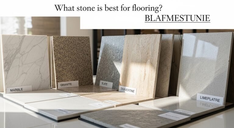 Close-up view of different natural stone tiles used for flooring, including marble, granite, and Kota stone.