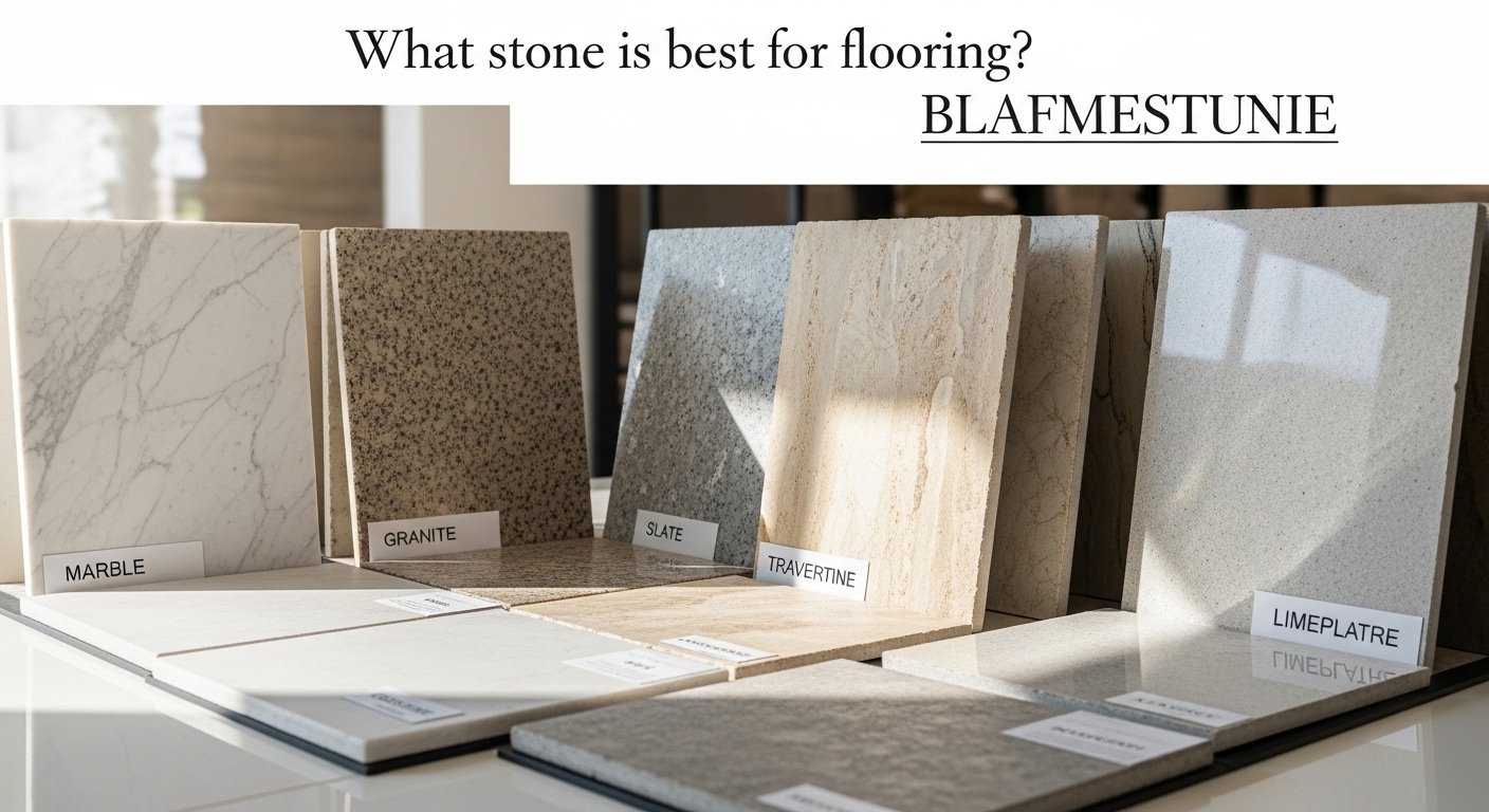 Close-up view of different natural stone tiles used for flooring, including marble, granite, and Kota stone.