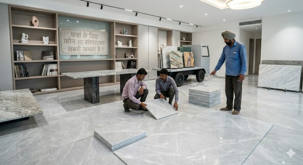 लिविंग रूम में लगी हल्की ग्रे 2x2 फर्श टाइल्स