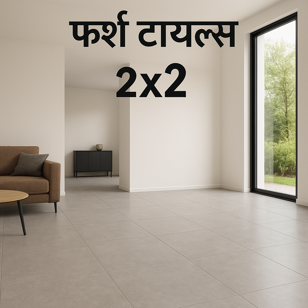 लिविंग रूम में लगी हल्की ग्रे 2x2 फर्श टाइल्स