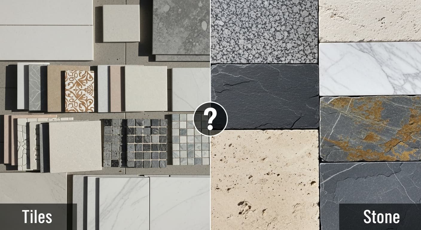टाइल्स और पत्थर के बीच अंतर दर्शाता हुआ चित्र