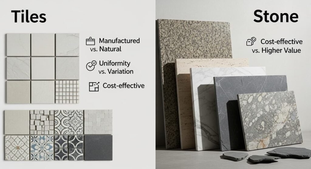 टाइल्स और पत्थर के बीच अंतर दर्शाता हुआ चित्र