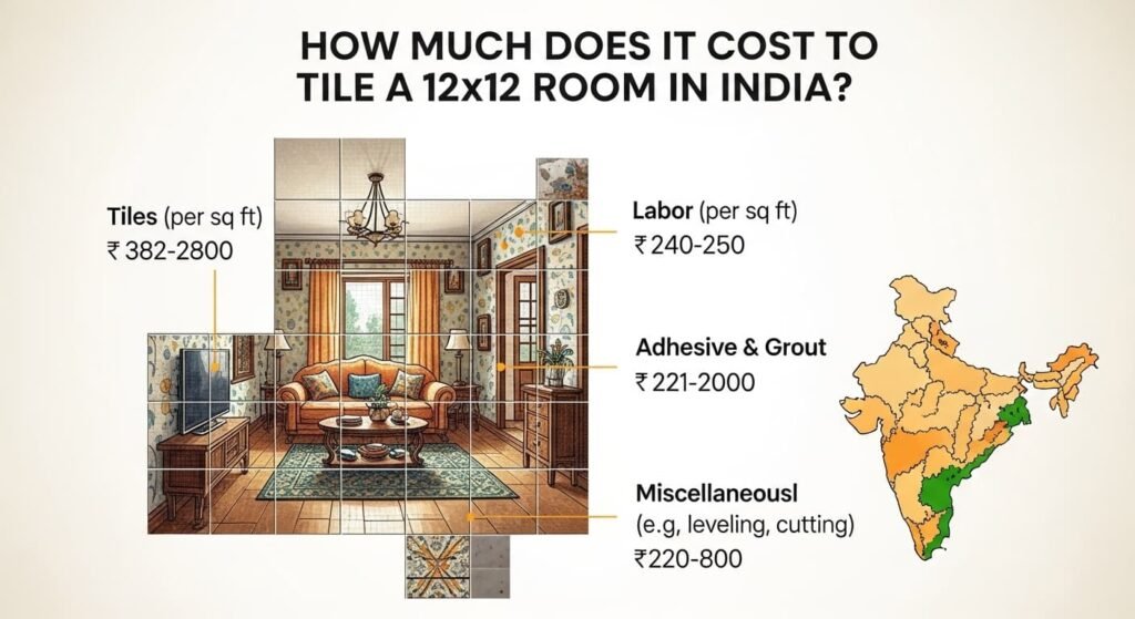 इस इमेज में एक 12x12 फुट का कमरा दिखाया गया है जिसमें हल्के रंग की सिरेमिक टाइल्स लगी हुई हैं। यह चित्र भारत में टाइलिंग लागत को समझाने के उद्देश्य से उपयोग किया गया है।