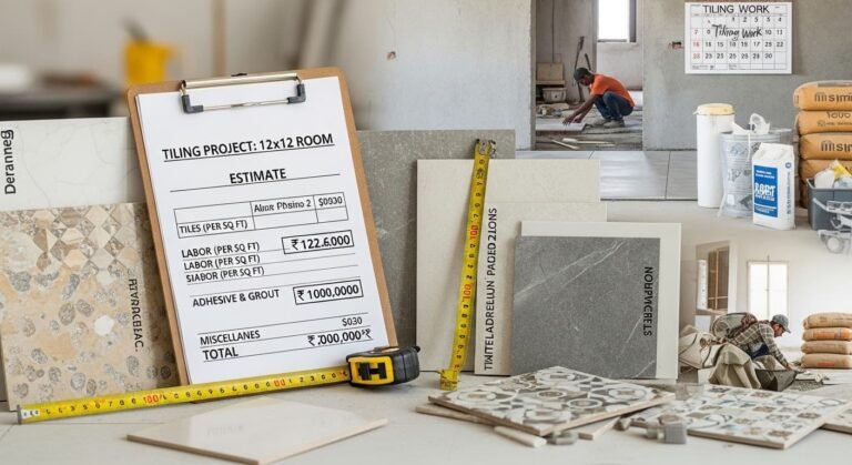 12x12 के कमरे में लगी हुई सिरेमिक टाइल्स का दृश्य