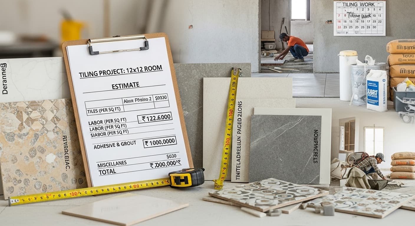 12x12 के कमरे में लगी हुई सिरेमिक टाइल्स का दृश्य