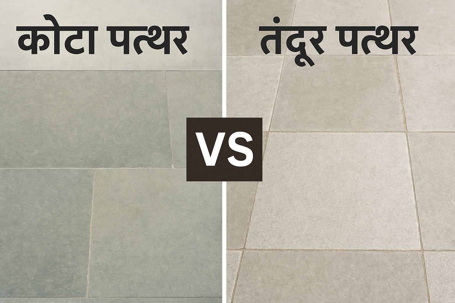 बाईं ओर कोटा पत्थर और दाईं ओर तंदूर पत्थर का फ्लोरिंग तुलना चित्र, बीच में VS लिखा हुआ