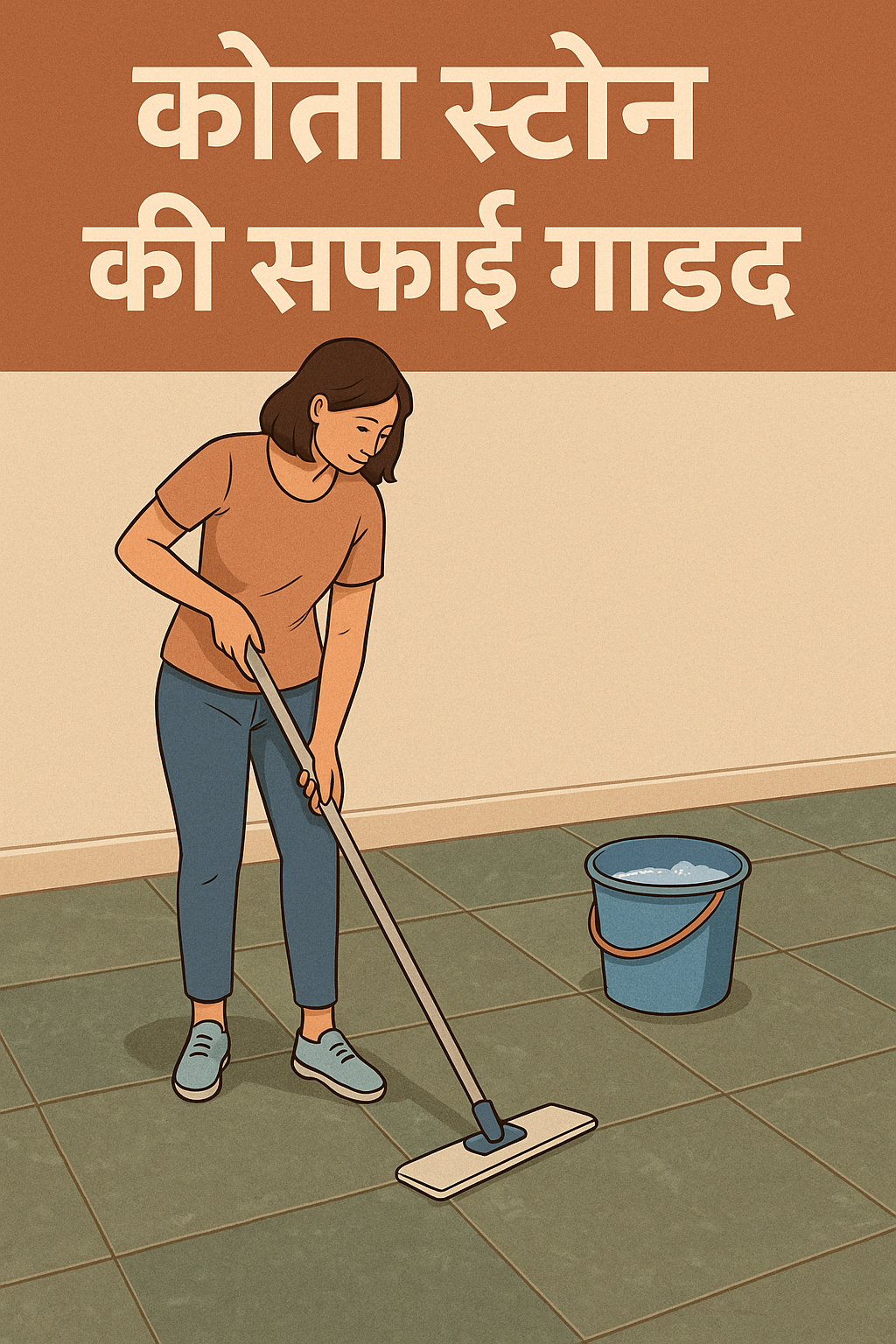 एक महिला मॉप और साबुन वाले बाल्टी से कोटा स्टोन फर्श की सफाई करती हुई, शीर्ष पर हिंदी टेक्स्ट “कोटा स्टोन की सफाई गाइड”