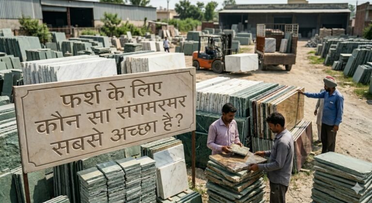 तीन प्रकार के संगमरमर – मकराना व्हाइट, कतनी बीज और स्टैच्युरियो – फर्श पर लगे हुए दर्शाए गए हैं