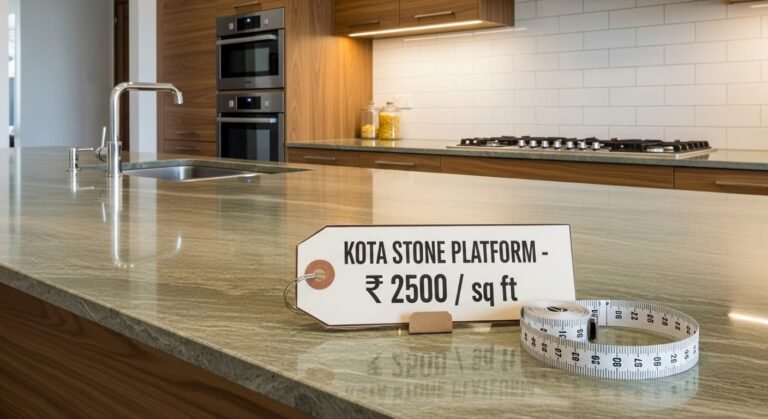 Modern kitchen with Kota stone countertop, gas stove, and stainless steel sink