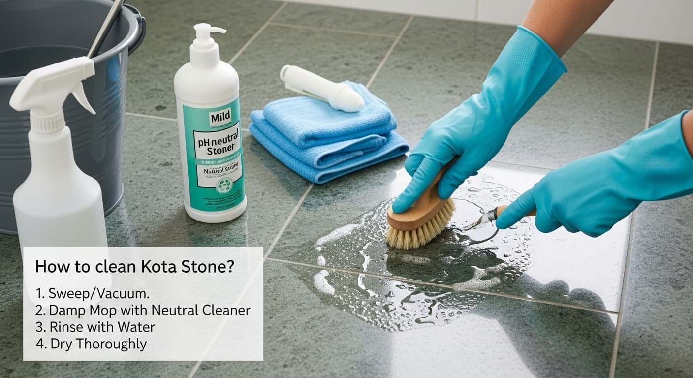 एक महिला मॉप और साबुन वाले बाल्टी से कोटा स्टोन फर्श की सफाई करती हुई, शीर्ष पर हिंदी टेक्स्ट “कोटा स्टोन की सफाई गाइड”