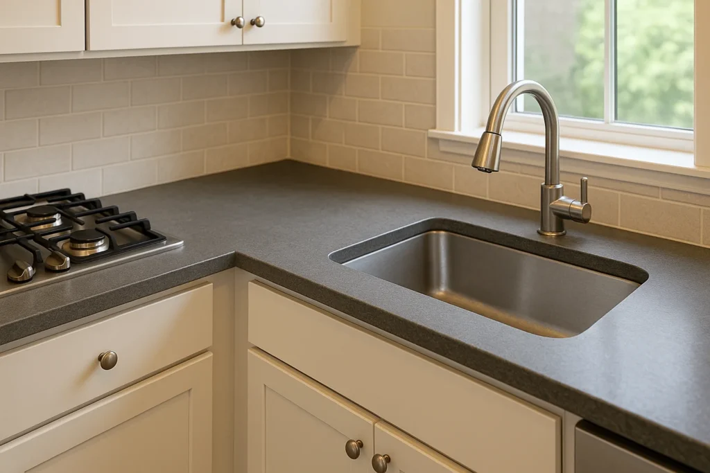 Modern kitchen with Kota stone countertop, gas stove, and stainless steel sink