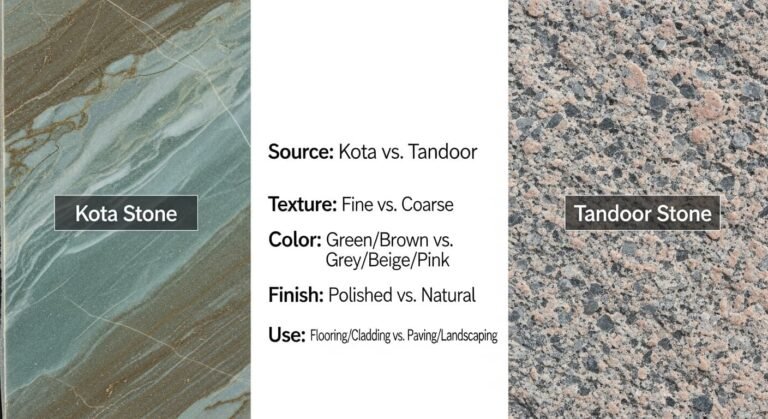 बाईं ओर कोटा पत्थर और दाईं ओर तंदूर पत्थर का फ्लोरिंग तुलना चित्र, बीच में VS लिखा हुआ
