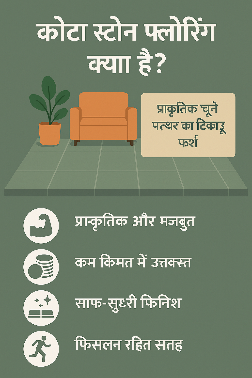 कोटा स्टोन फ्लोरिंग की विशेषताओं को दर्शाने वाली हिंदी इन्फोग्राफिक इमेज