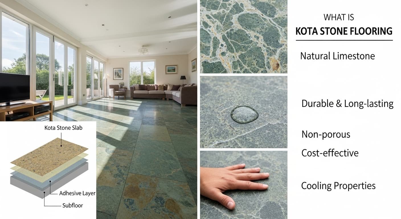 कोटा स्टोन फ्लोरिंग की विशेषताओं को दर्शाने वाली हिंदी इन्फोग्राफिक इमेज