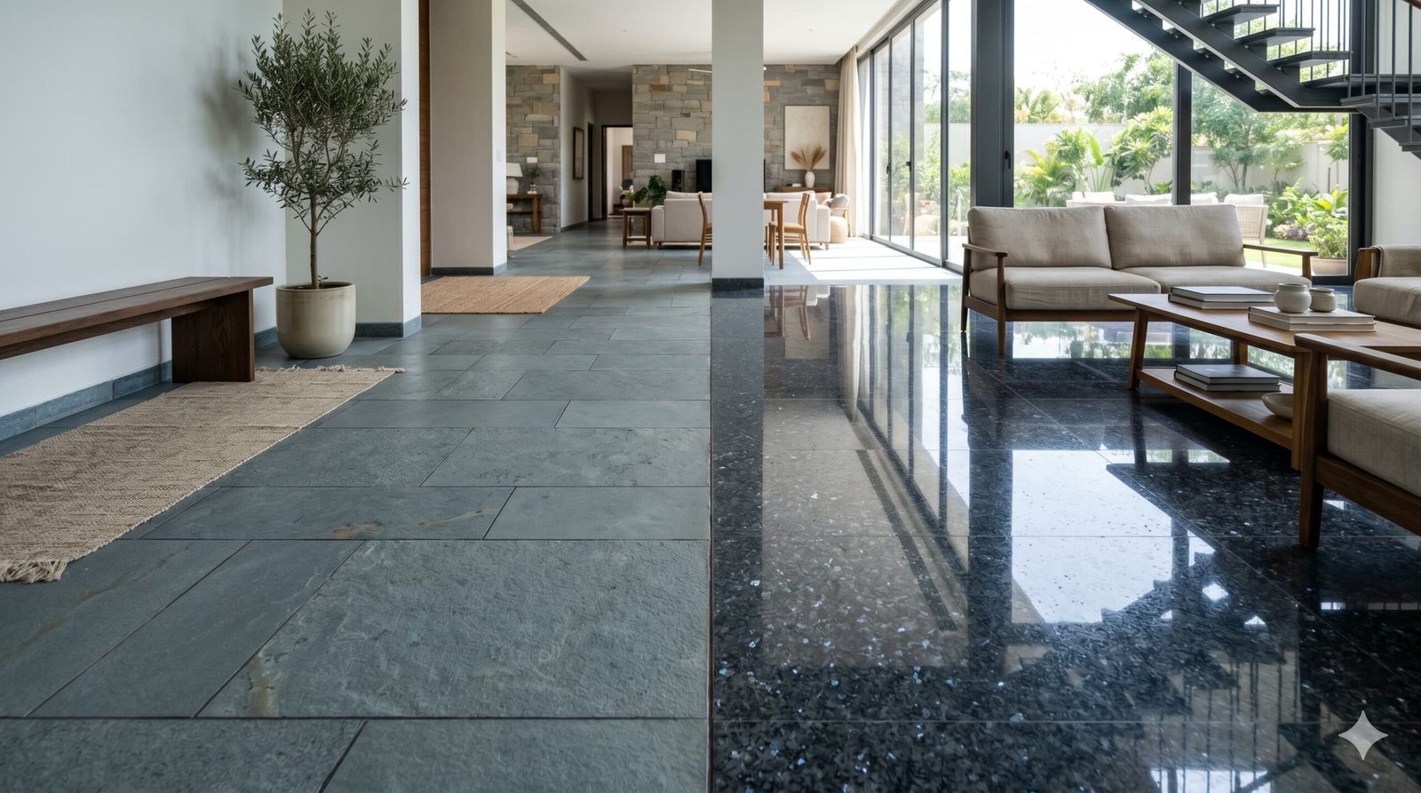 Comparison of Kota stone flooring and granite flooring in modern interiors